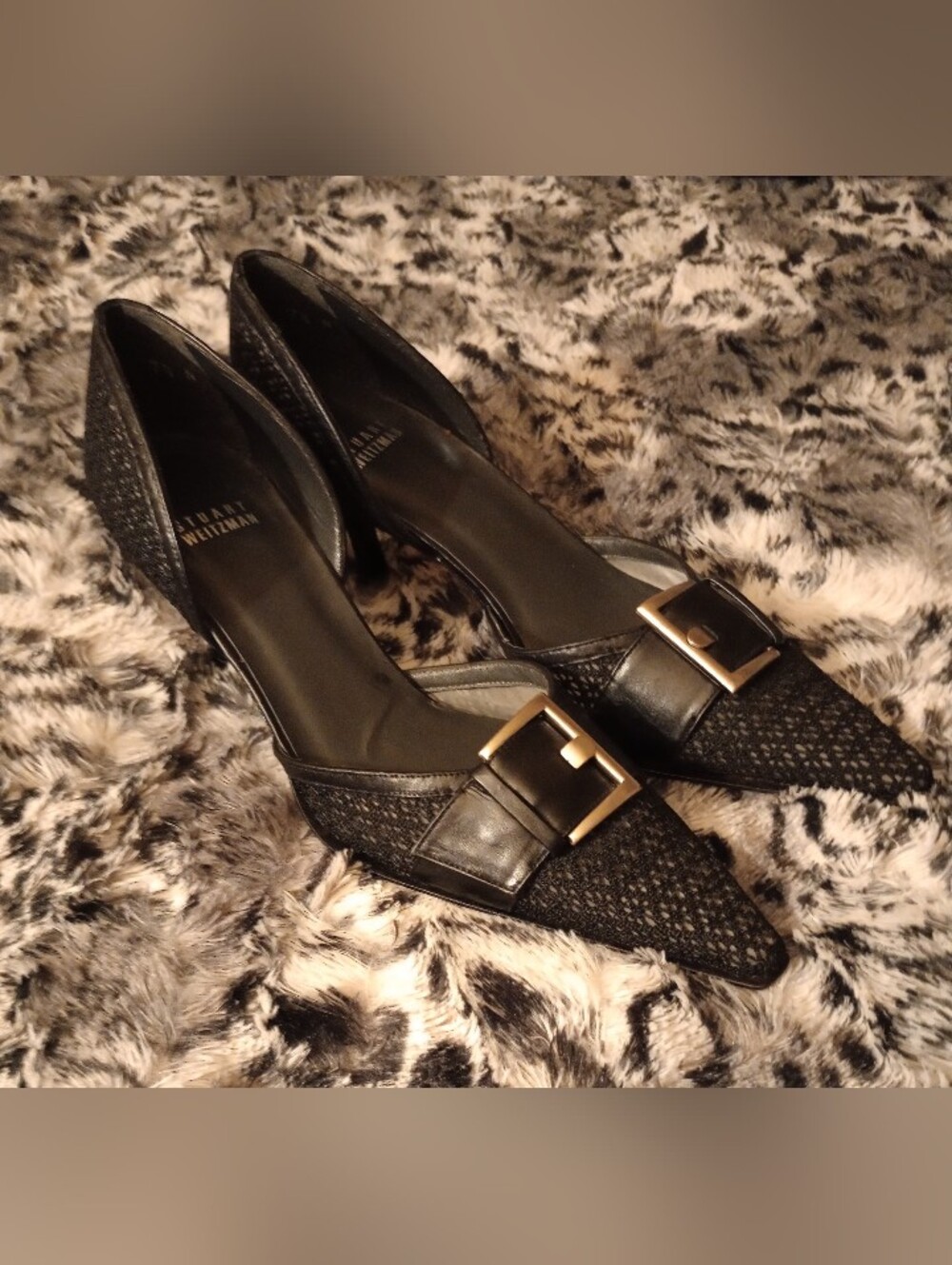 New! Retro Chic Leather Tweed Mesh Black Pointed Kitten Heels